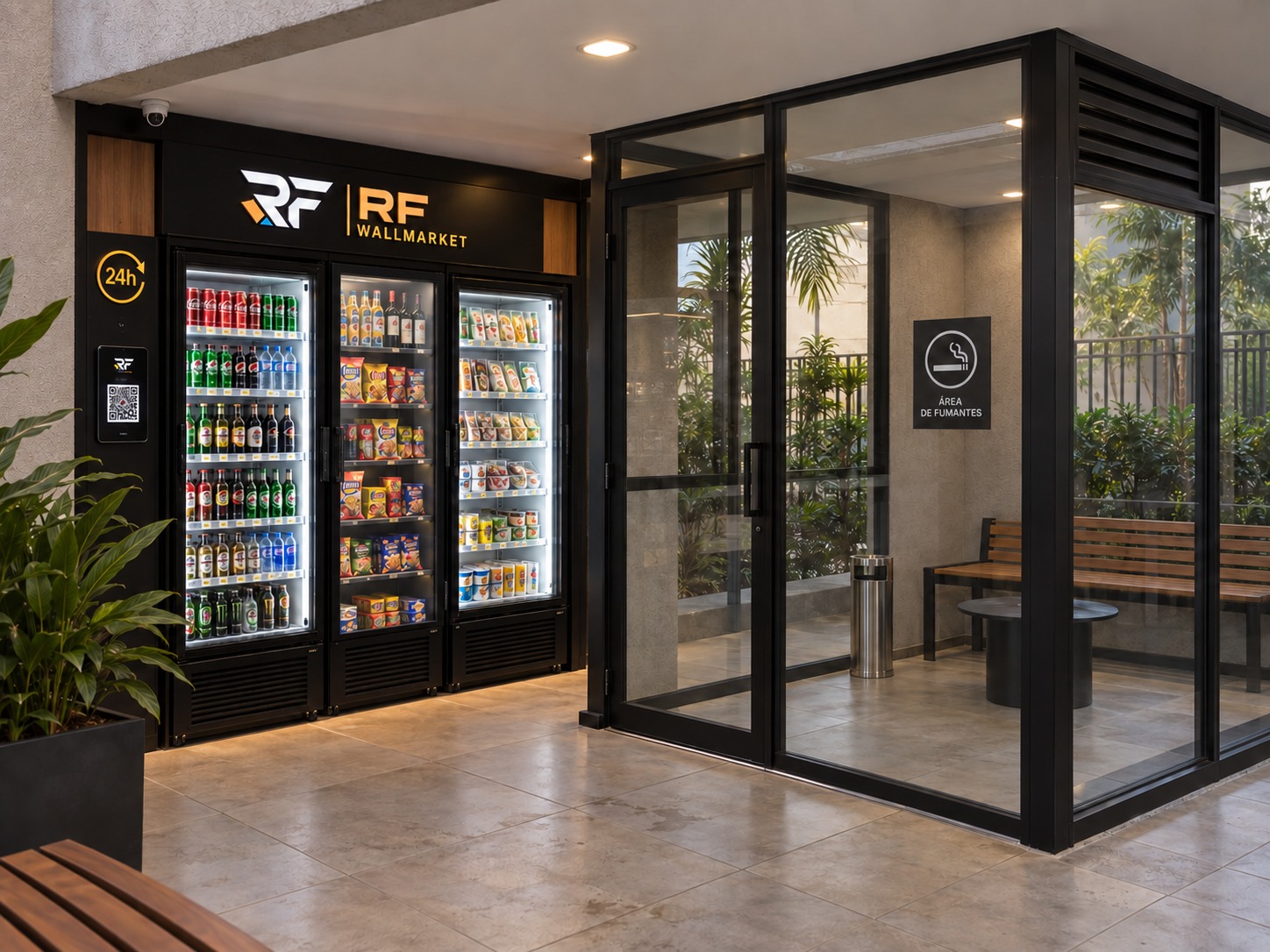 RF Wallmarket 24h personalizado ao lado de um fumódromo em uma área de lazer de alto padrão