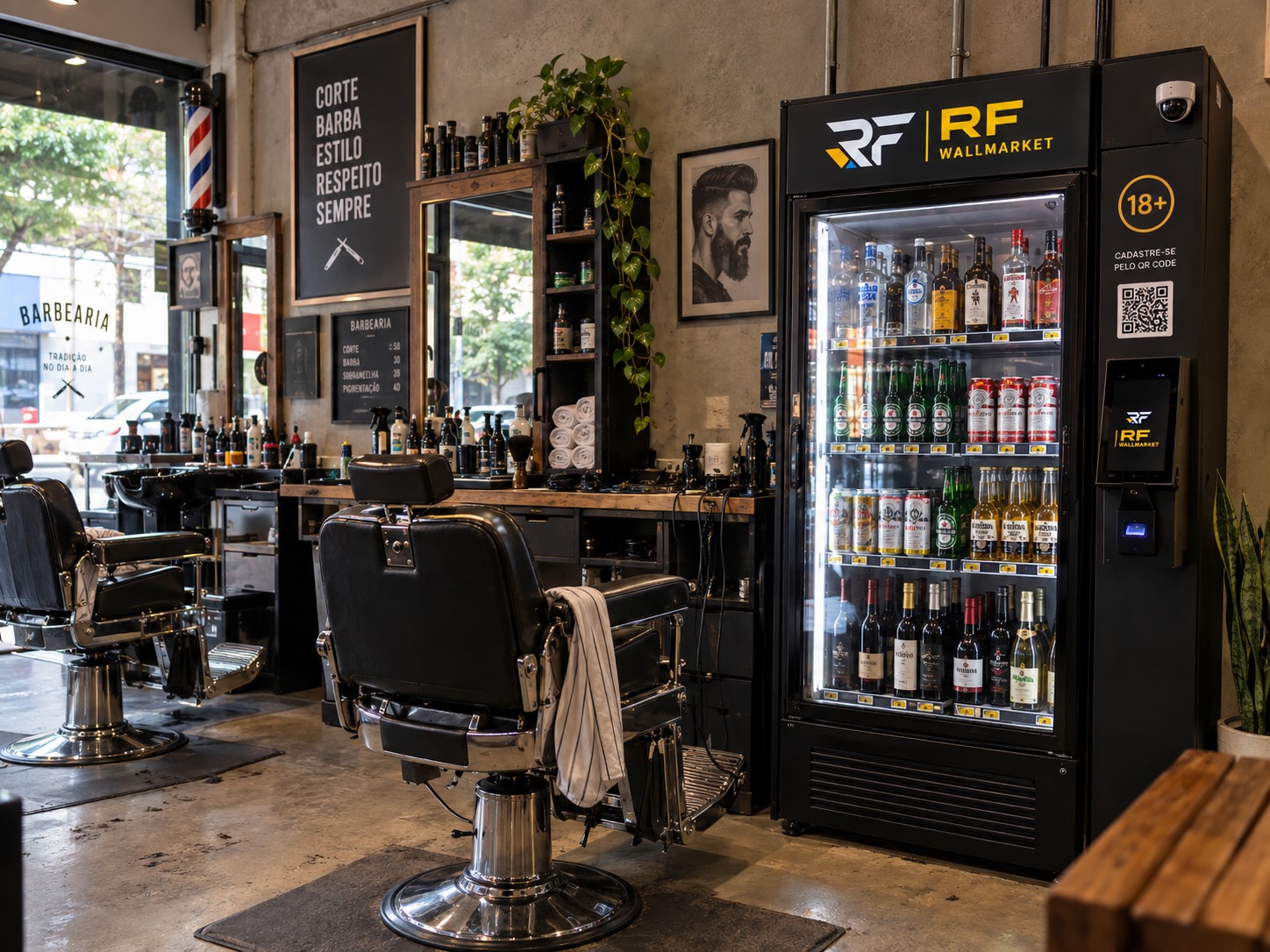 RF Wallmarket 24h instalado em uma barbearia, com bebidas, terminal de autoatendimento e controle de acesso para maiores de 18 anos