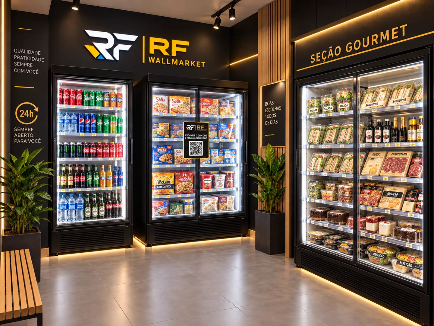 Loja RF Wallmarket 24 Horas de alto padrão, com refrigeradores, seção gourmet e terminal de autoatendimento