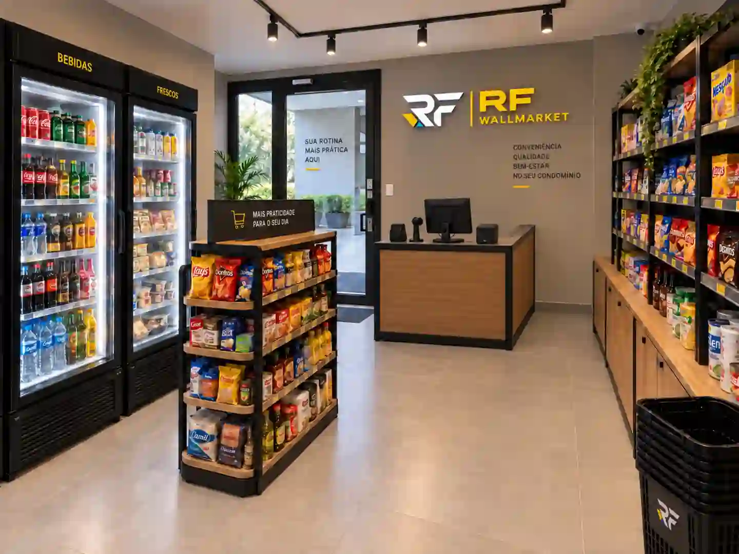 Wallmarket 24h implantado no condomínio Florence, com refrigeradores, prateleiras abastecidas e terminal de autoatendimento