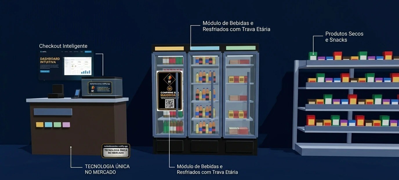Estrutura modular de mercado autônomo Wallmarket 24h com expositores refrigerados e prateleiras
