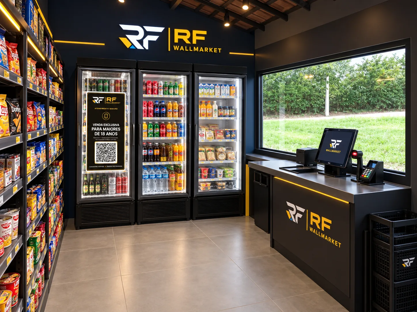 Loja Wallmarket 24h com prateleiras abastecidas, expositores refrigerados com trava etária e terminal de autoatendimento RF Wallmarket