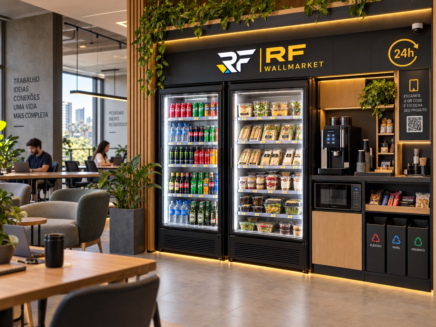 RF Wallmarket 24h de alto padrão em ambiente corporativo, com refeições, bebidas e estação de café